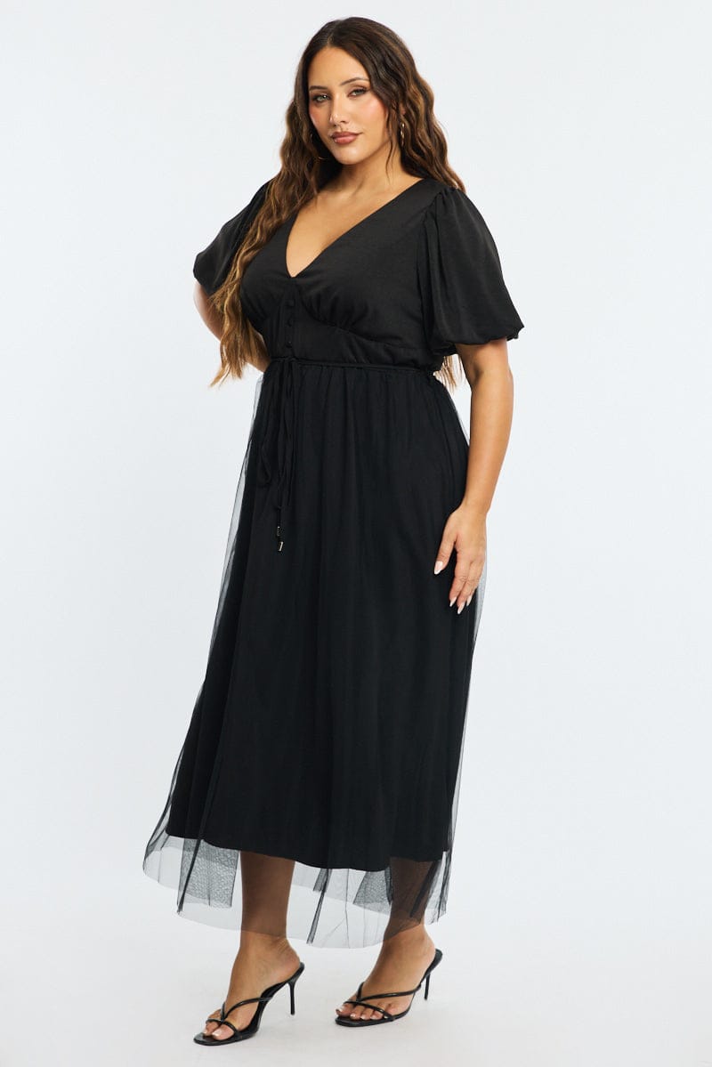 Black Midi Dress Short Sleeve Tulle for YouandAll Fashion