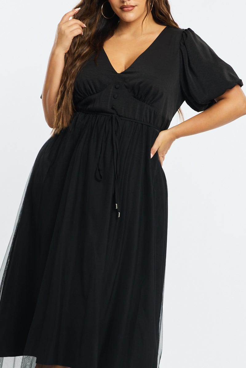 Black Midi Dress Short Sleeve Tulle