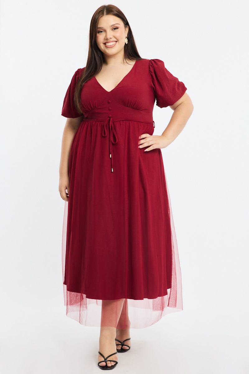 Red Midi Dress Short Sleeve Tulle for YouandAll Fashion