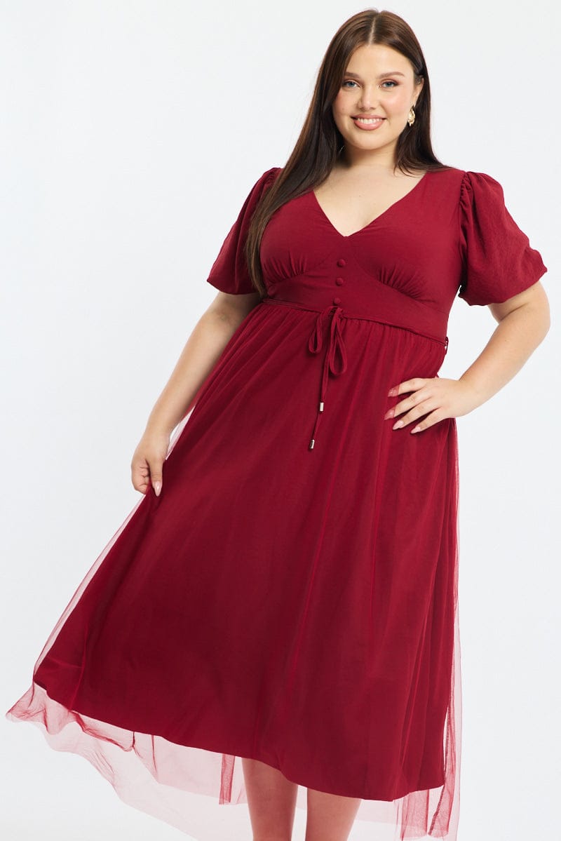 Red Midi Dress Short Sleeve Tulle for YouandAll Fashion