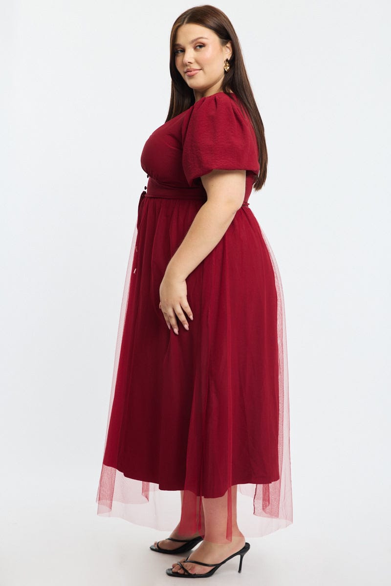 Red Midi Dress Short Sleeve Tulle for YouandAll Fashion