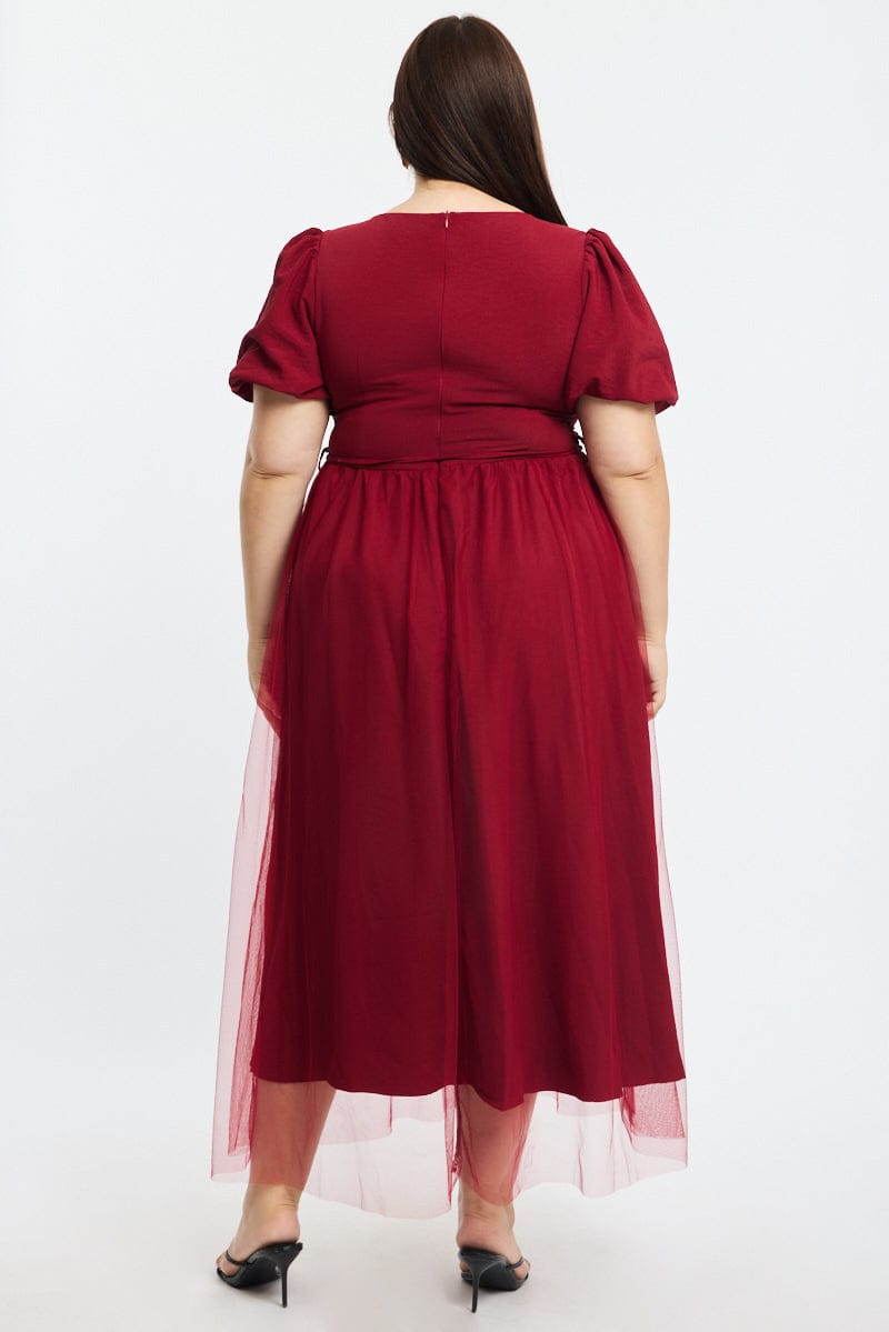 Red Midi Dress Short Sleeve Tulle for YouandAll Fashion
