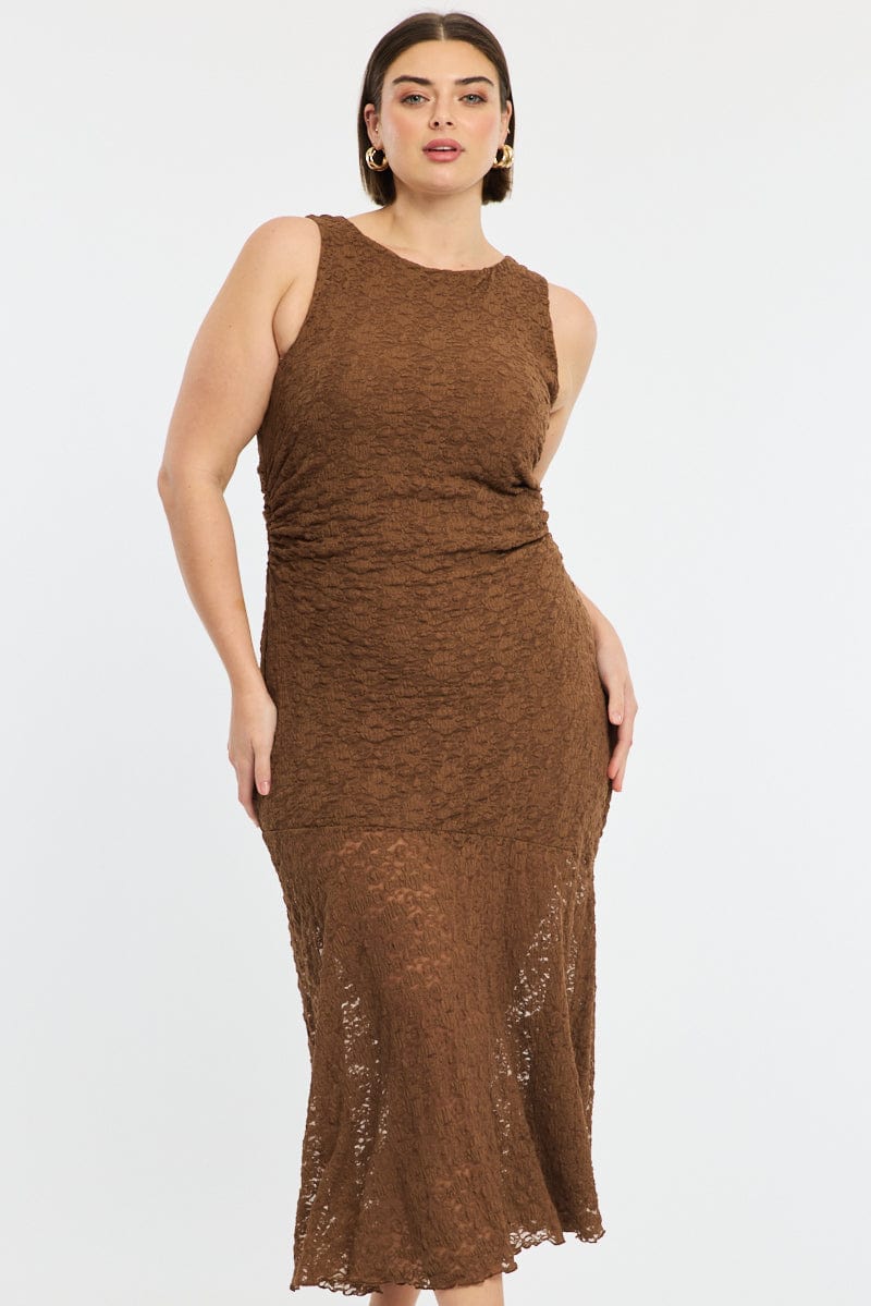 Brown Lace Dress Sleeveless Ruffle