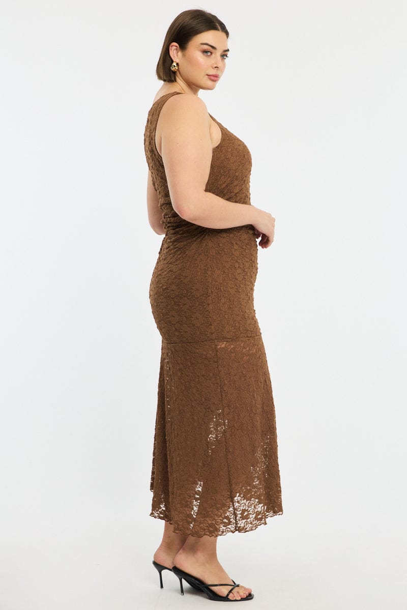 Brown Lace Dress Sleeveless Ruffle