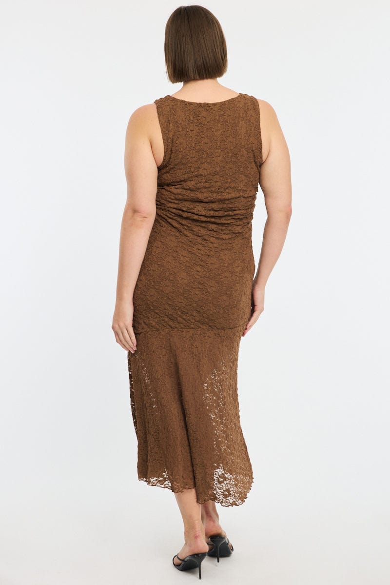 Brown Lace Dress Sleeveless Ruffle