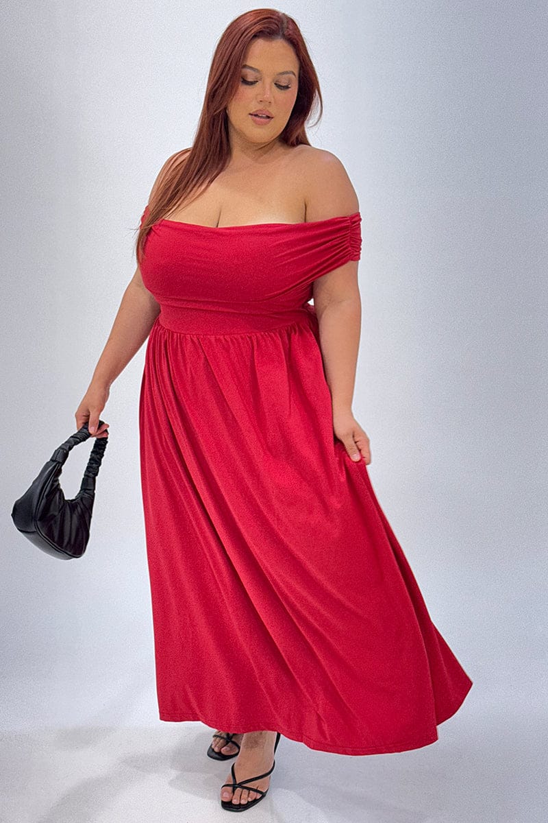 Red Maxi Dress Off Shoulder Jersey for YouandAll Fashion