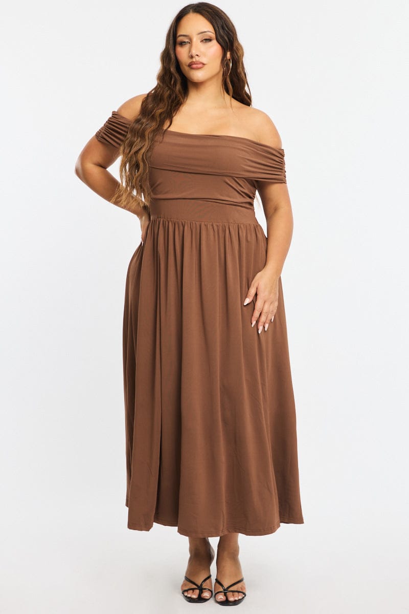Brown Maxi Dress Off Shoulder Jersey for YouandAll Fashion