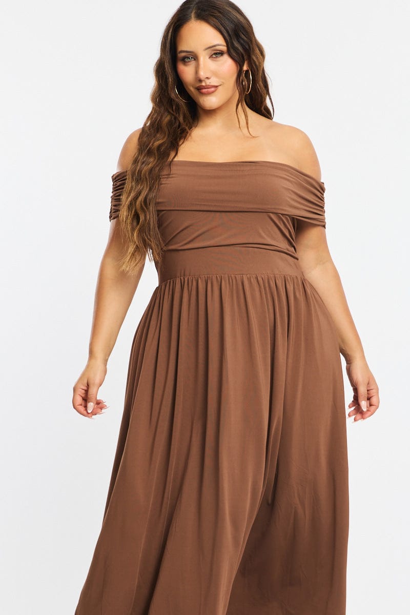 Brown Maxi Dress Off Shoulder Jersey | You & All Brown Maxi Dress Off Shoulder Jersey | You & All