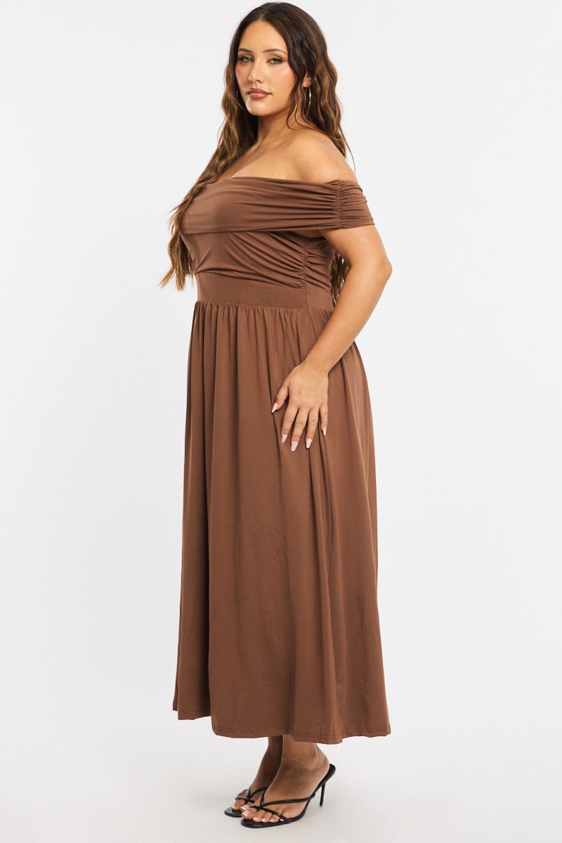 Brown Maxi Dress Off Shoulder Jersey