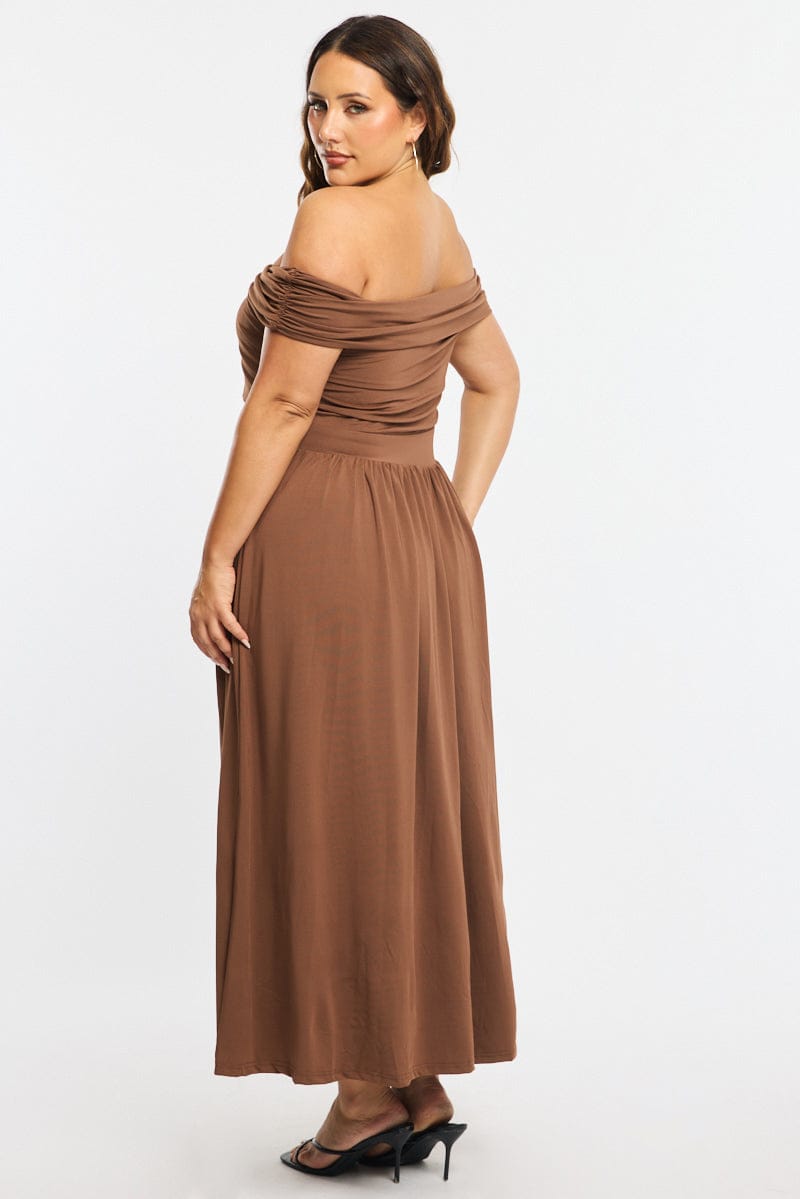 Brown Maxi Dress Off Shoulder Jersey for YouandAll Fashion