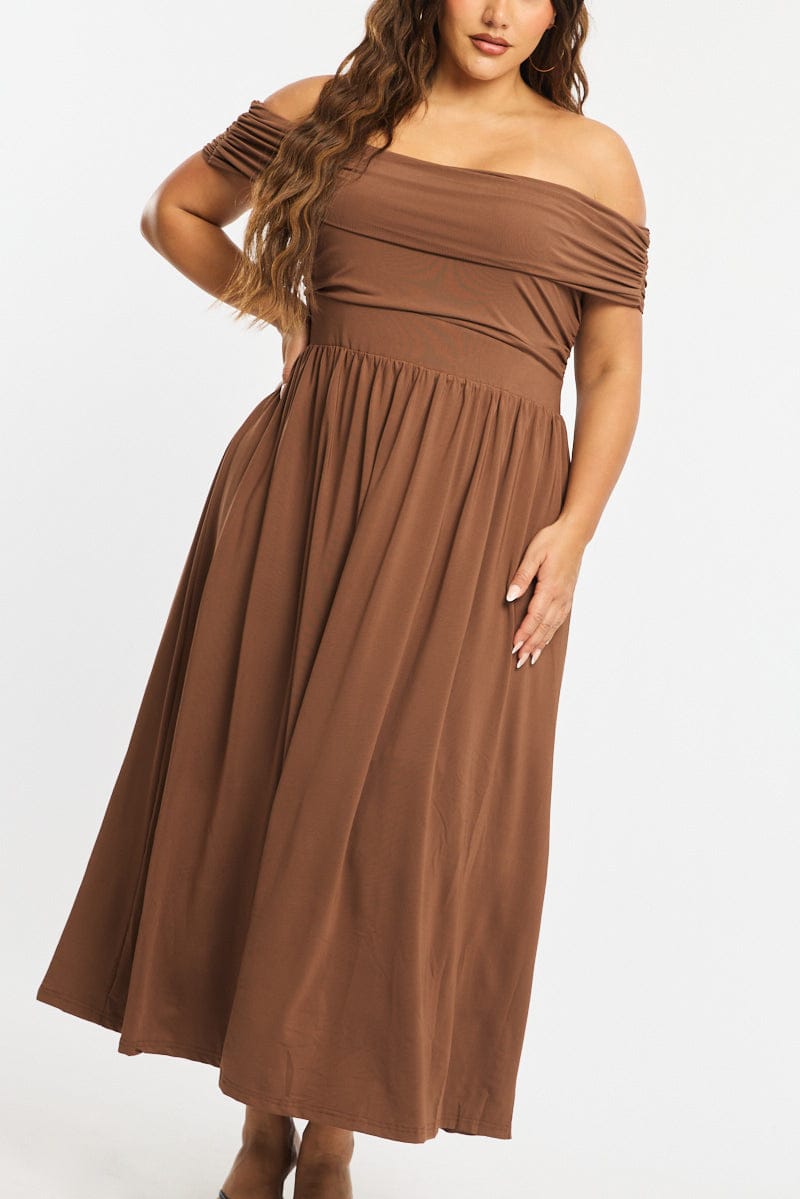 Brown Maxi Dress Off Shoulder Jersey