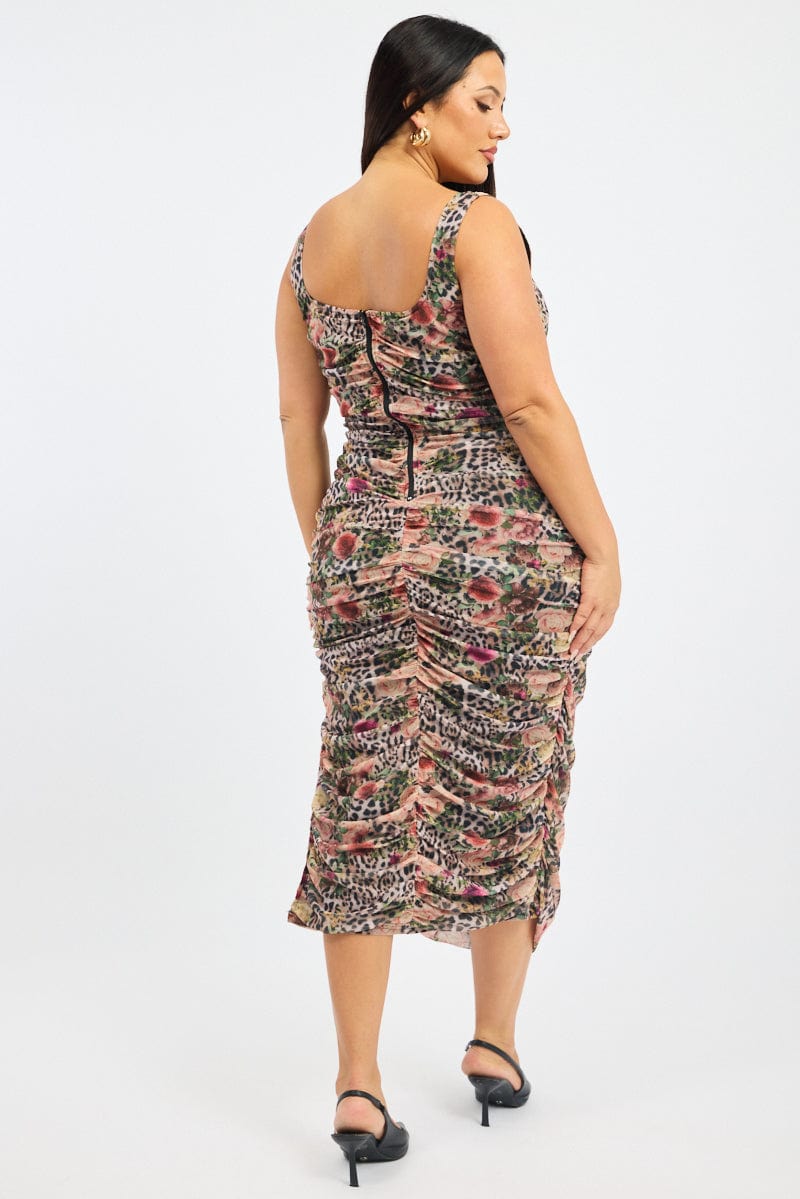 Multi Animal Print Ruched Scoop Neck Bodycon Maxidress for YouandAll Fashion