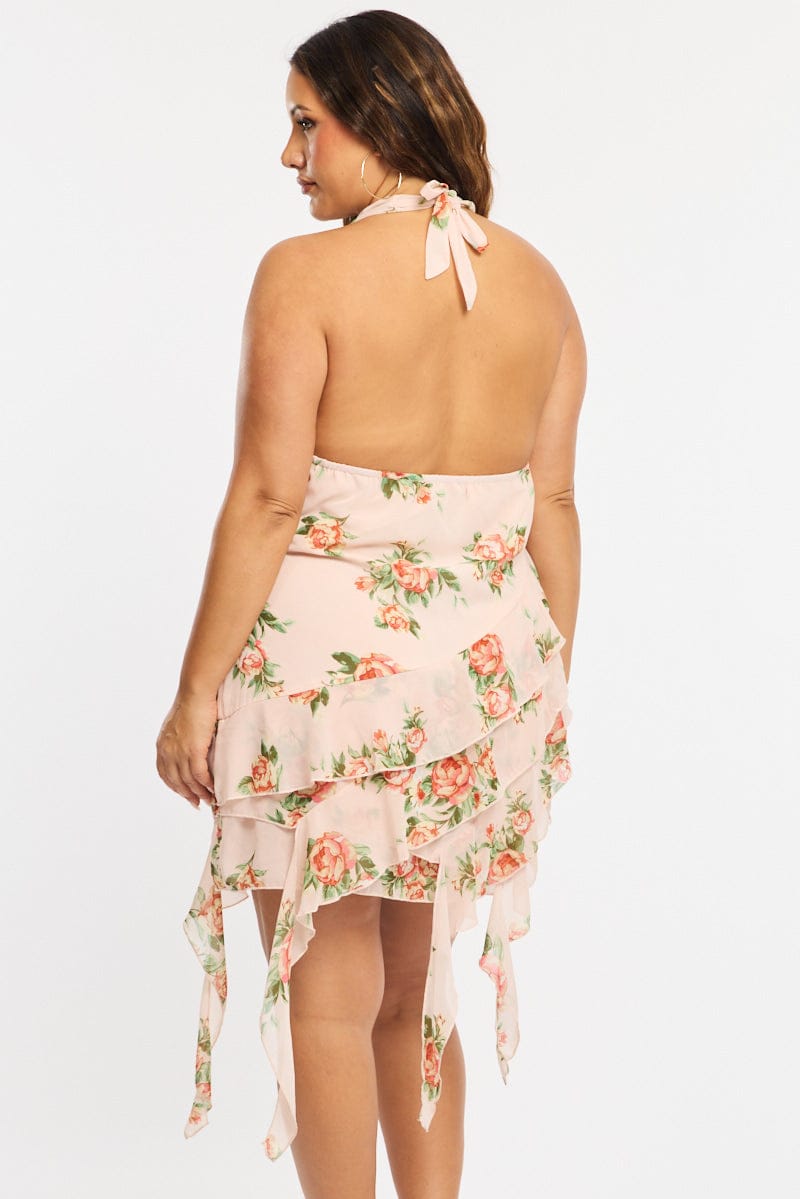 Pink Floral Ruffle Mini Dress Cowl Neck Sleeveless for YouandAll Fashion