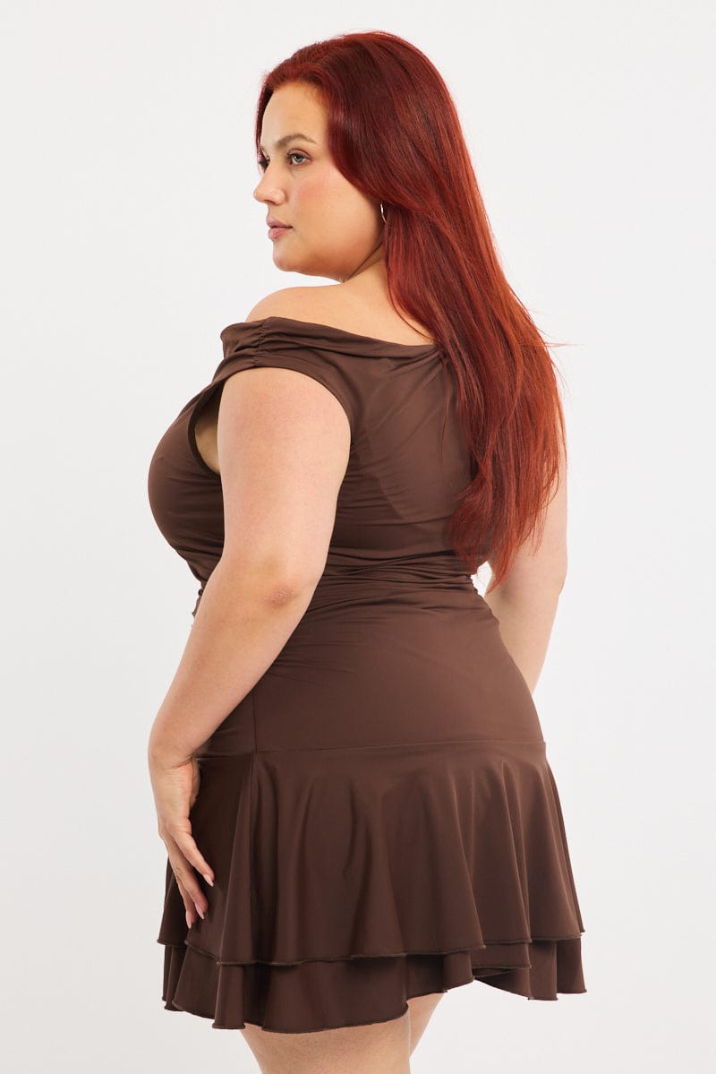 Brown Mini Dress Off Shoulder Jersey for YouandAll Fashion