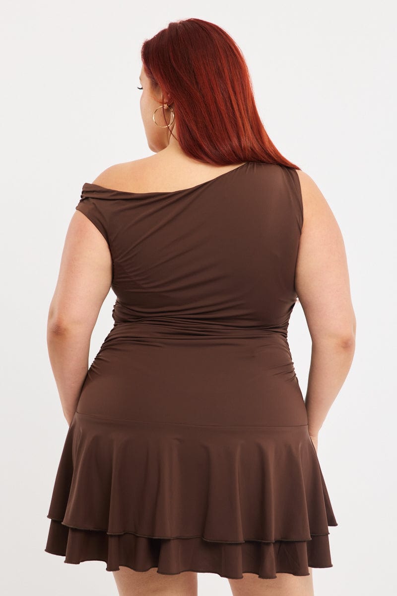 Brown Mini Dress Off Shoulder Jersey for YouandAll Fashion