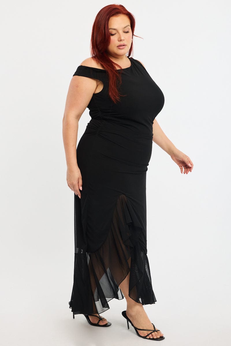 Black Midi Dress Asymmetric Shoulder Mesh Ruffle for YouandAll Fashion