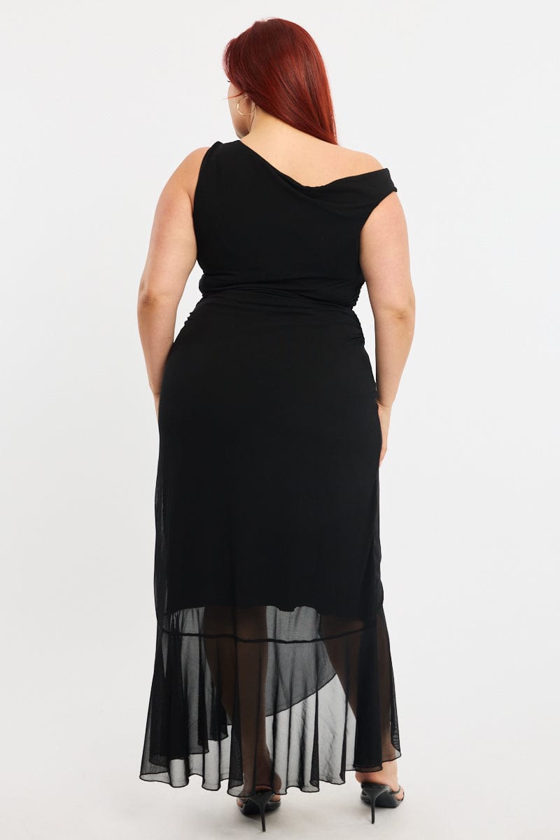 Black Midi Dress Asymmetric Shoulder Mesh Ruffle for YouandAll Fashion