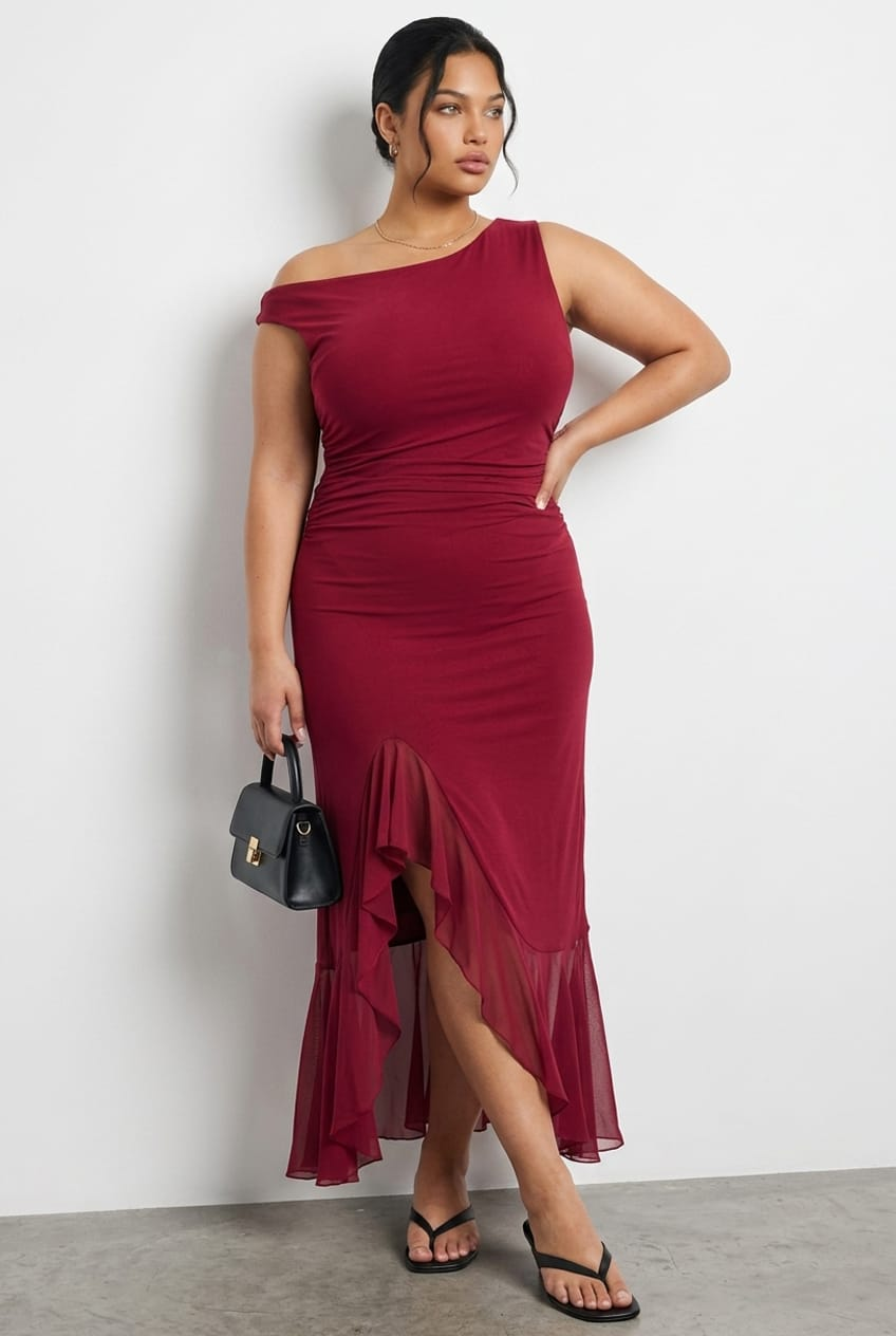Red Midi Dress Asymmetric Shoulder Mesh Ruffle for YouandAll Fashion