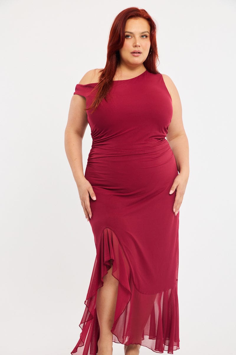 Red Midi Dress Asymmetric Shoulder Mesh Ruffle for YouandAll Fashion
