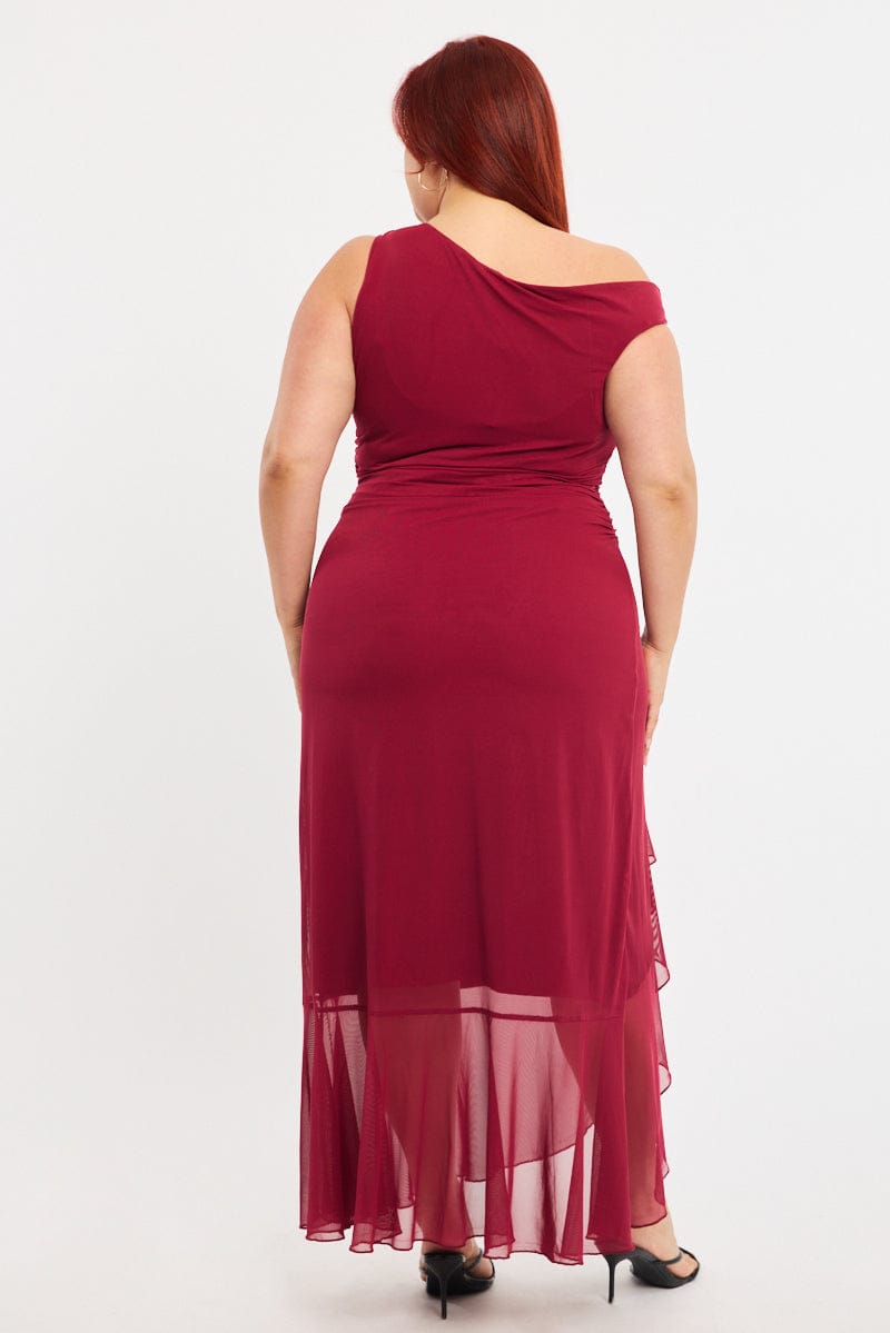 Red Midi Dress Asymmetric Shoulder Mesh Ruffle for YouandAll Fashion