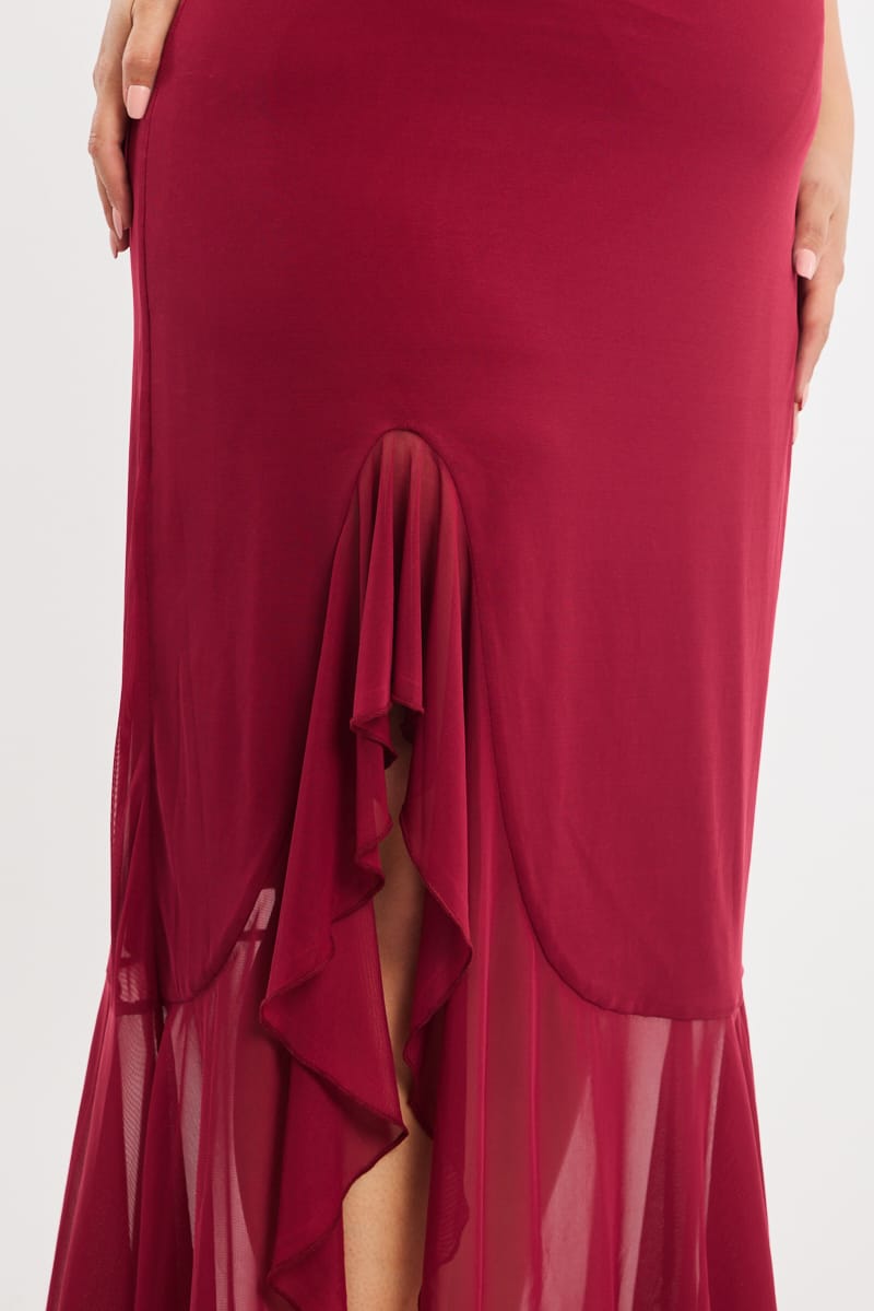 Red Midi Dress Asymmetric Shoulder Mesh Ruffle for YouandAll Fashion