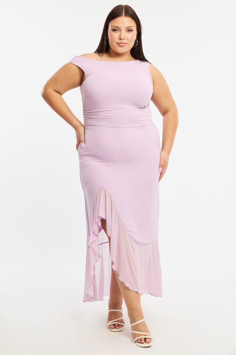 Purple Midi Dress Asymmetric Shoulder Mesh Ruffle for YouandAll Fashion