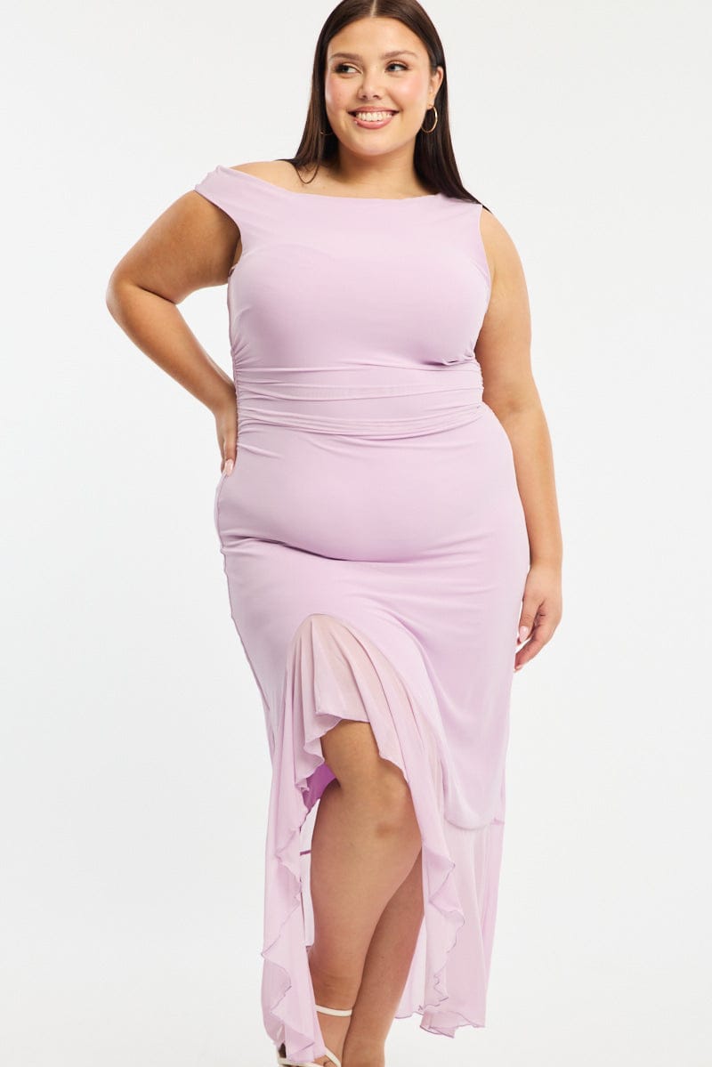 Purple Midi Dress Asymmetric Shoulder Mesh Ruffle for YouandAll Fashion