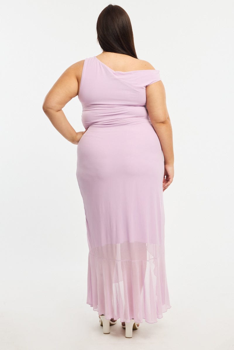 Purple Midi Dress Asymmetric Shoulder Mesh Ruffle for YouandAll Fashion