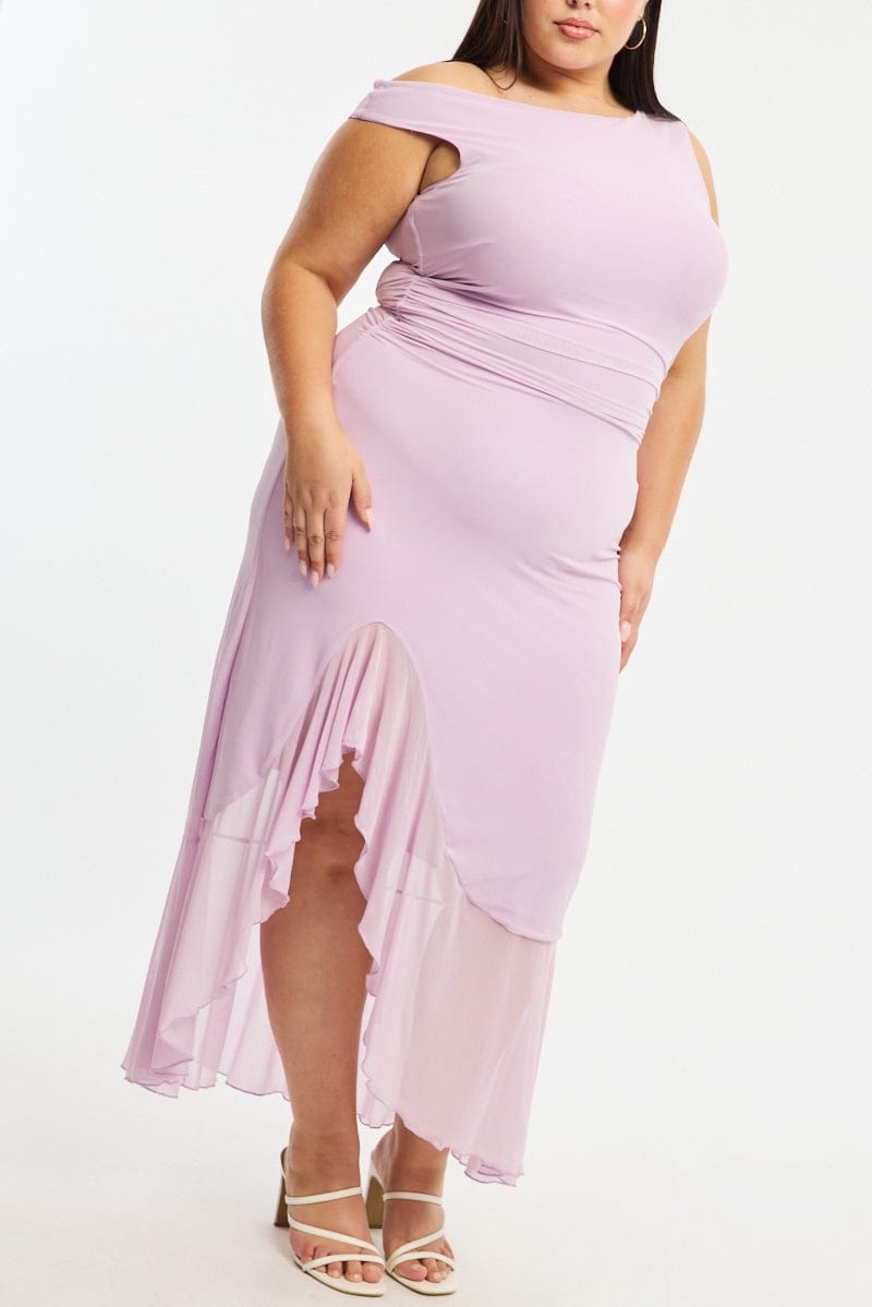 Purple Midi Dress Asymmetric Shoulder Mesh Ruffle for YouandAll Fashion