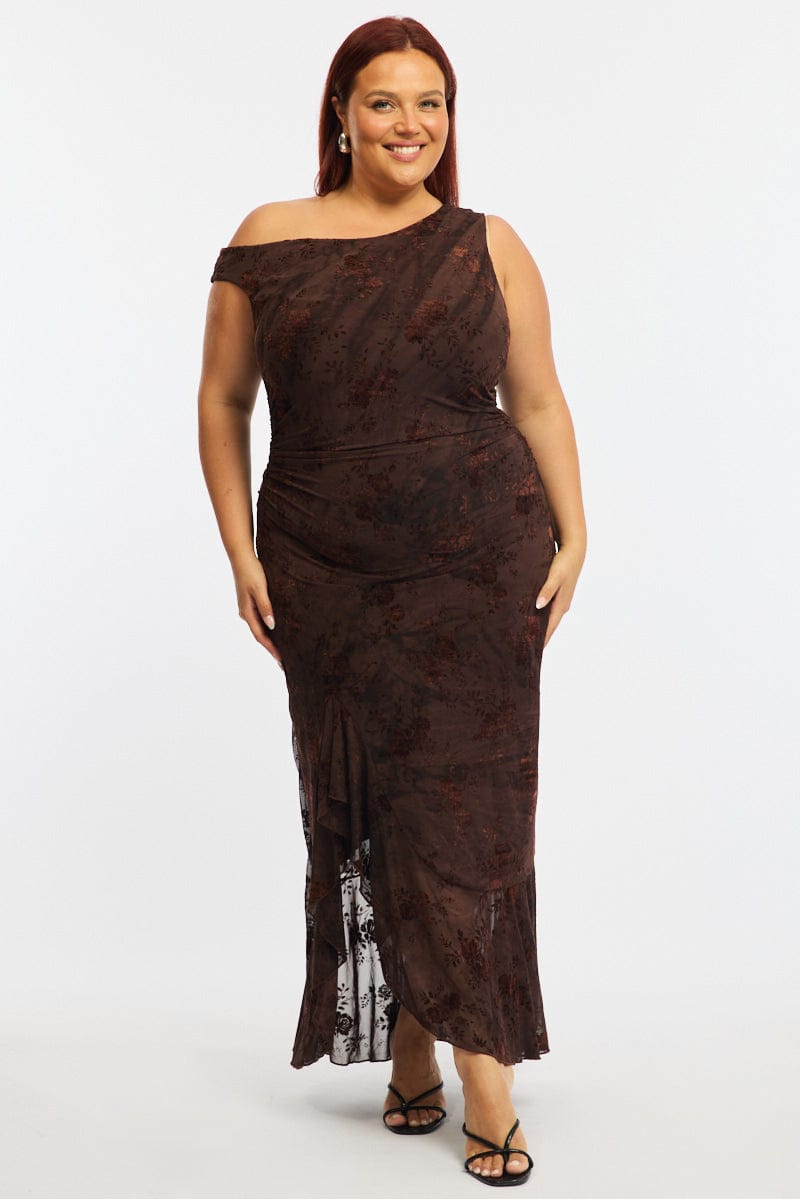 Brown Midi Dress Asymmetric Shoulder Mesh Ruffle for YouandAll Fashion