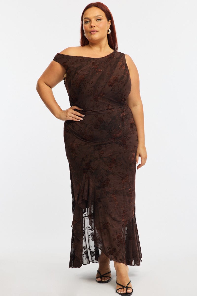 Brown Midi Dress Asymmetric Shoulder Mesh Ruffle for YouandAll Fashion