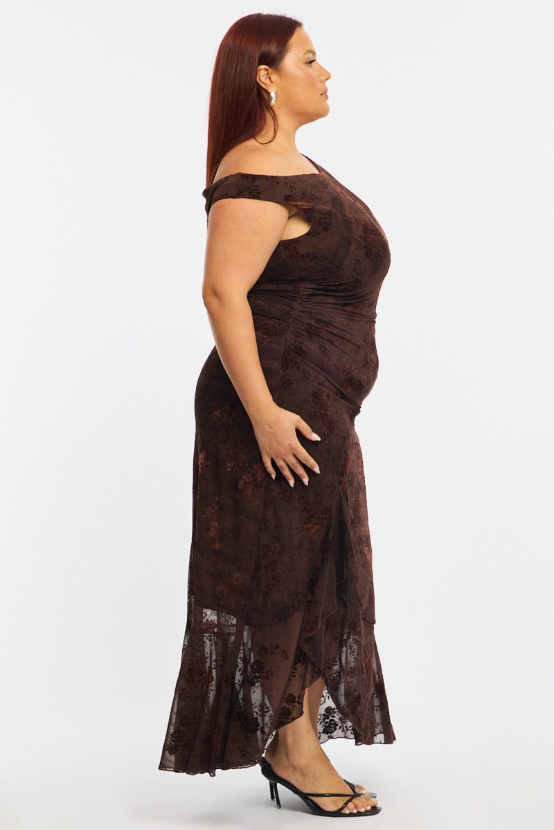 Brown Midi Dress Asymmetric Shoulder Mesh Ruffle for YouandAll Fashion