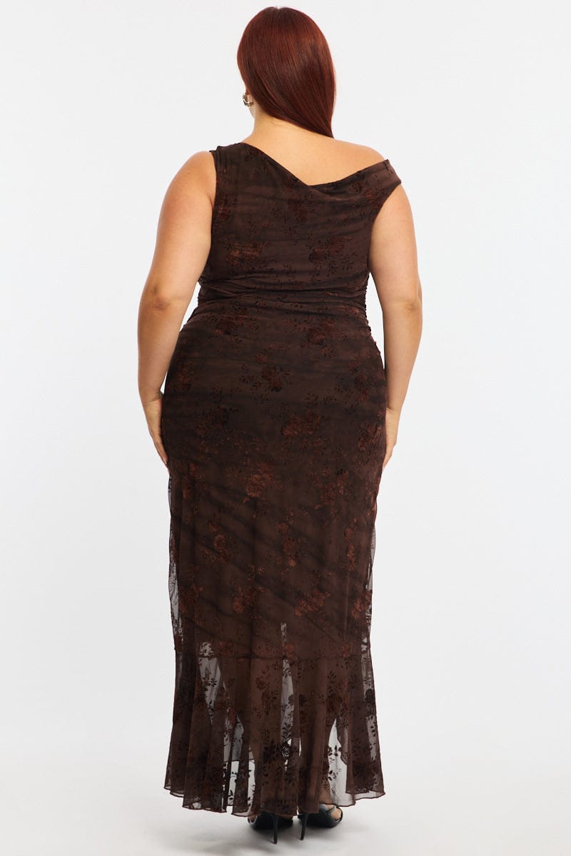 Brown Midi Dress Asymmetric Shoulder Mesh Ruffle for YouandAll Fashion
