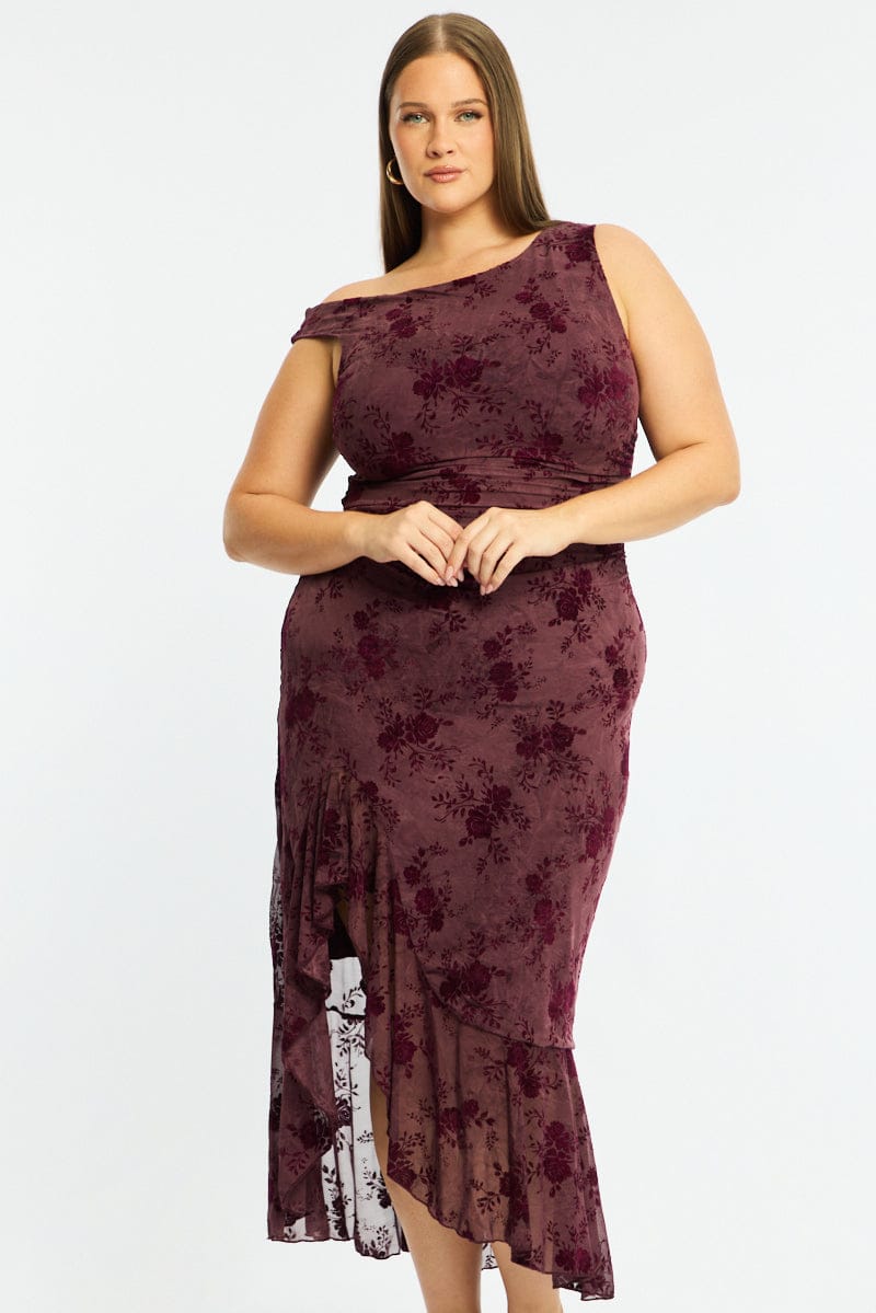 Red Midi Dress Asymmetric Shoulder Mesh Ruffle for YouandAll Fashion