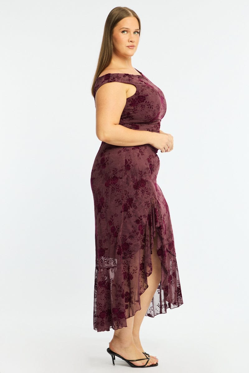 Red Midi Dress Asymmetric Shoulder Mesh Ruffle for YouandAll Fashion