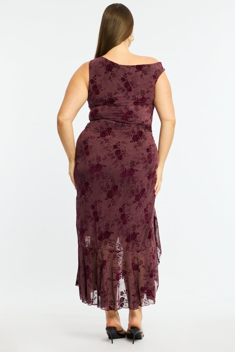 Red Midi Dress Asymmetric Shoulder Mesh Ruffle for YouandAll Fashion