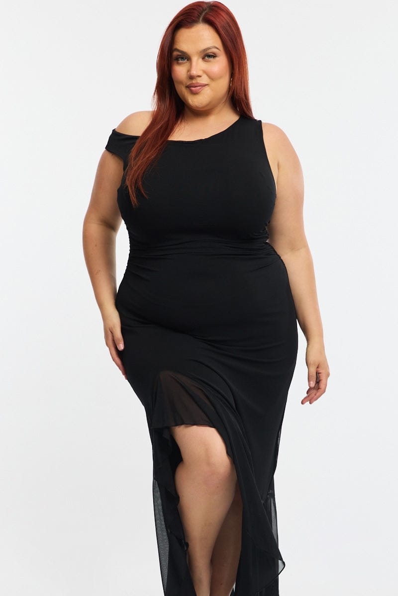 Black Midi Dress Asymmetric Shoulder Mesh Ruffle for YouandAll Fashion