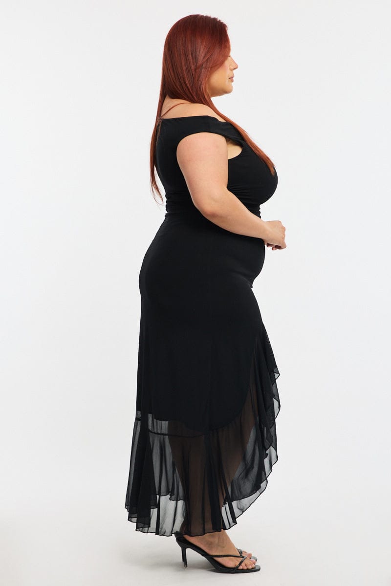 Black Midi Dress Asymmetric Shoulder Mesh Ruffle for YouandAll Fashion