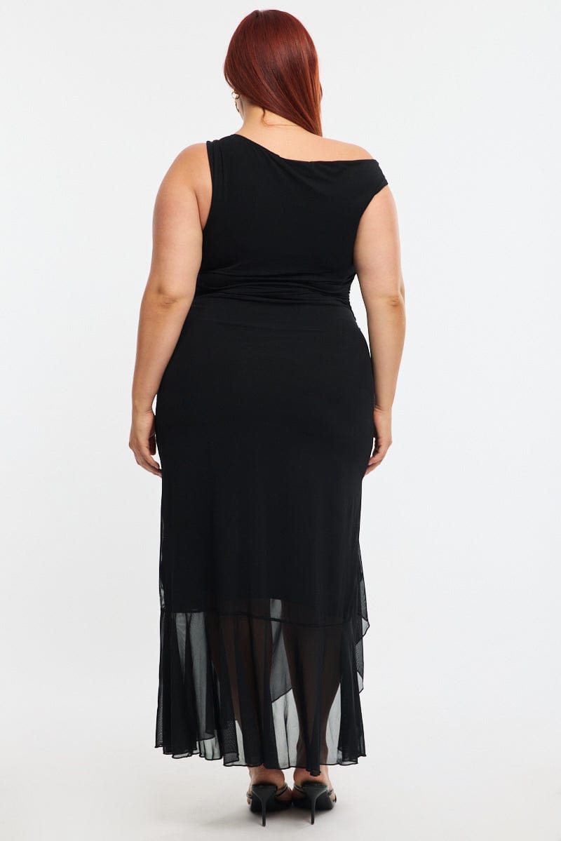 Black Midi Dress Asymmetric Shoulder Mesh Ruffle for YouandAll Fashion