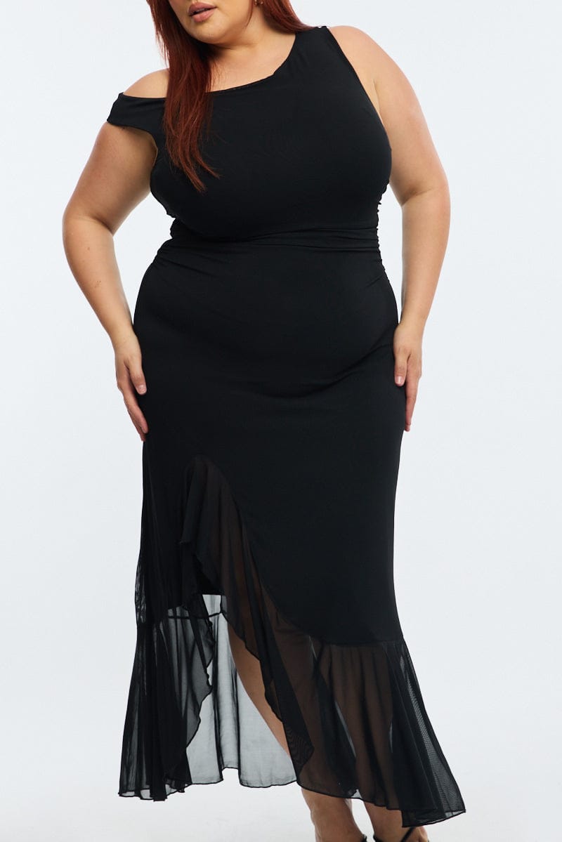 Black Midi Dress Asymmetric Shoulder Mesh Ruffle for YouandAll Fashion