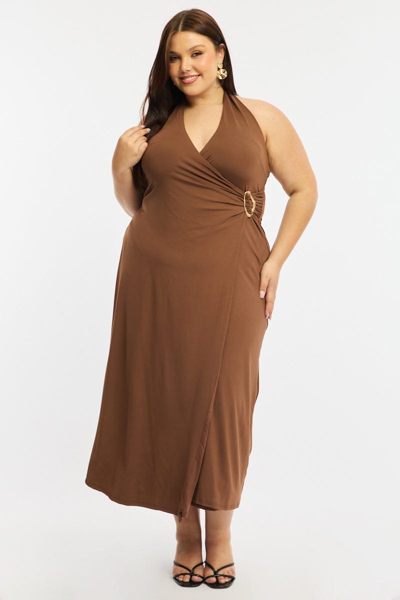Brown Maxi Dress Sleeveless Halter for YouandAll Fashion