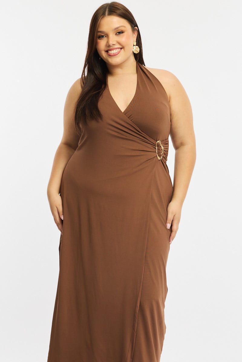Brown Maxi Dress Sleeveless Halter for YouandAll Fashion