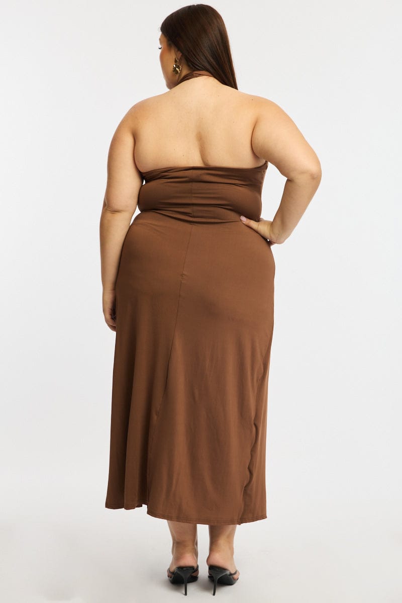 Brown Maxi Dress Sleeveless Halter for YouandAll Fashion