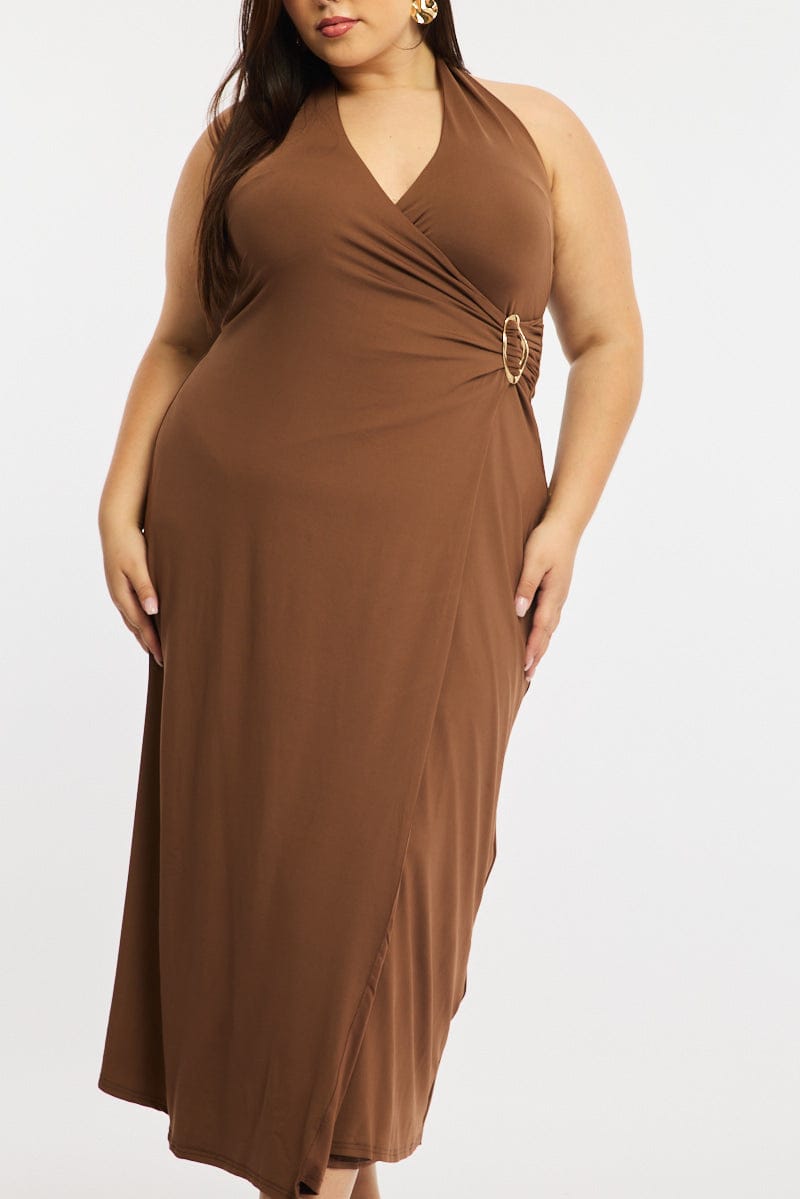 Brown Maxi Dress Sleeveless Halter for YouandAll Fashion