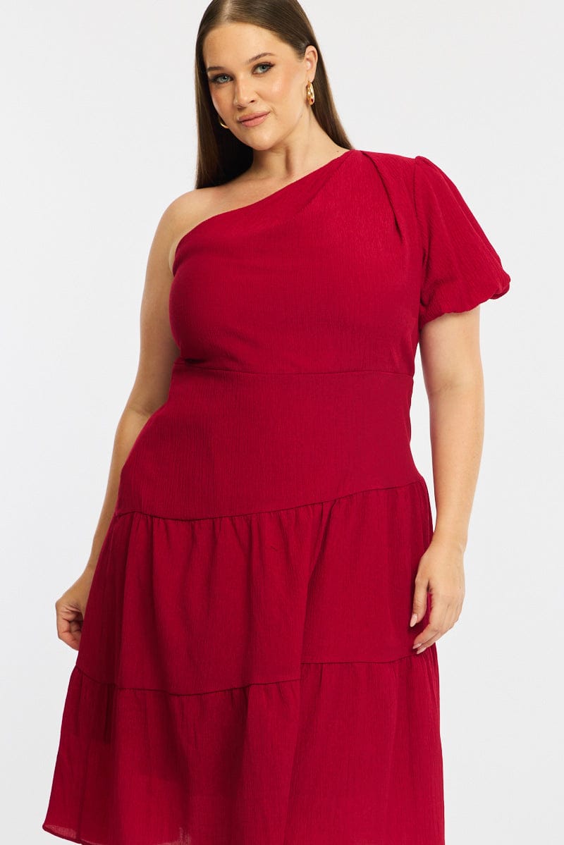 Red Midi Dress One Shoulder for YouandAll Fashion