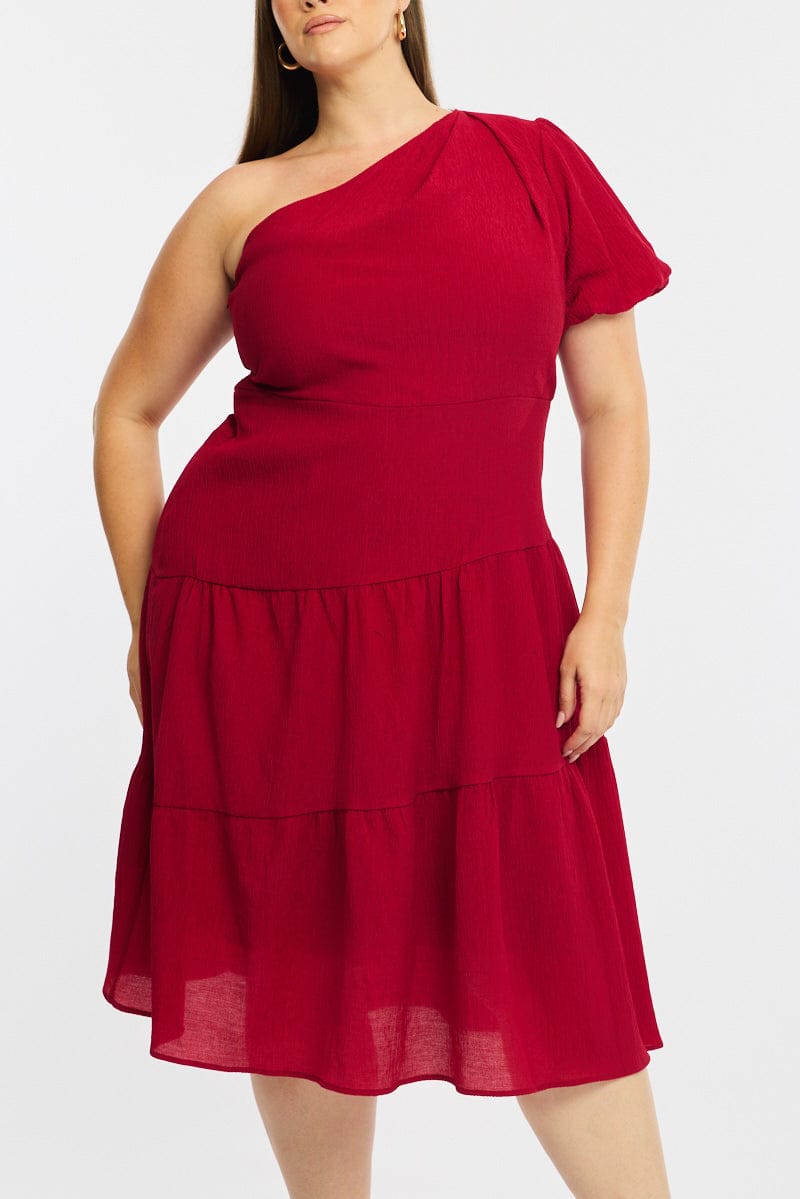 Red Midi Dress One Shoulder for YouandAll Fashion