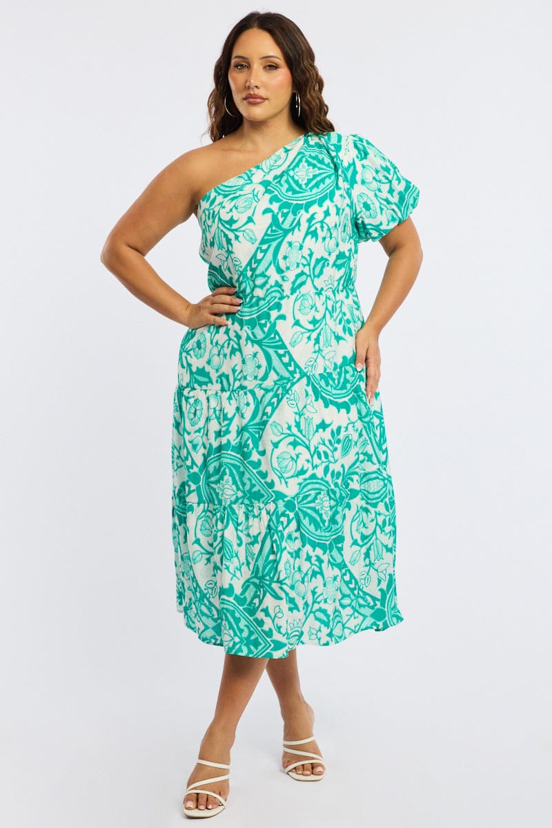 Green Abstract Midi Dress One Shoulder for YouandAll Fashion