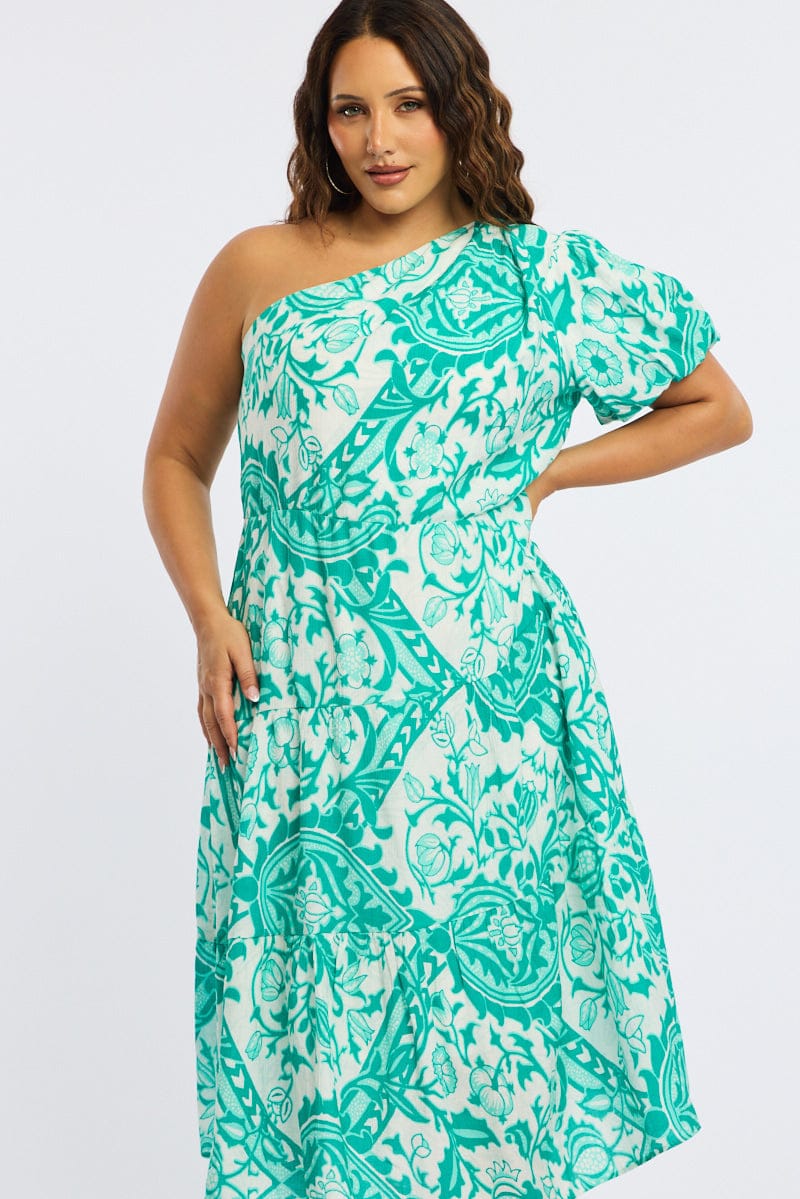 Green Abstract Midi Dress One Shoulder for YouandAll Fashion