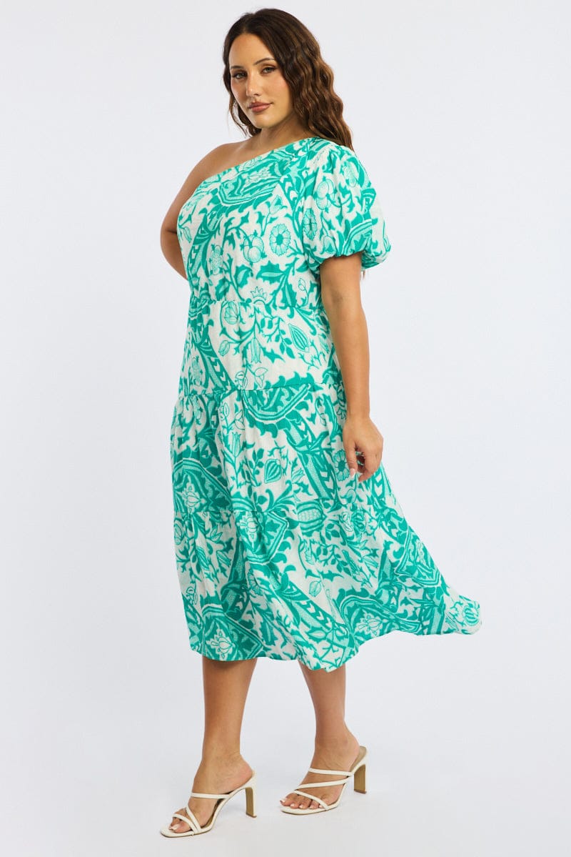 Green Abstract Midi Dress One Shoulder for YouandAll Fashion