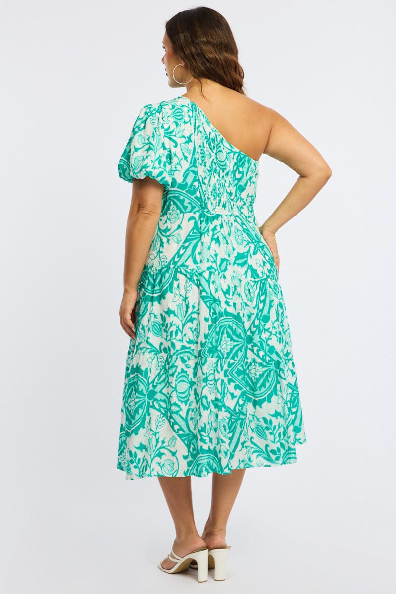 Green Abstract Midi Dress One Shoulder for YouandAll Fashion